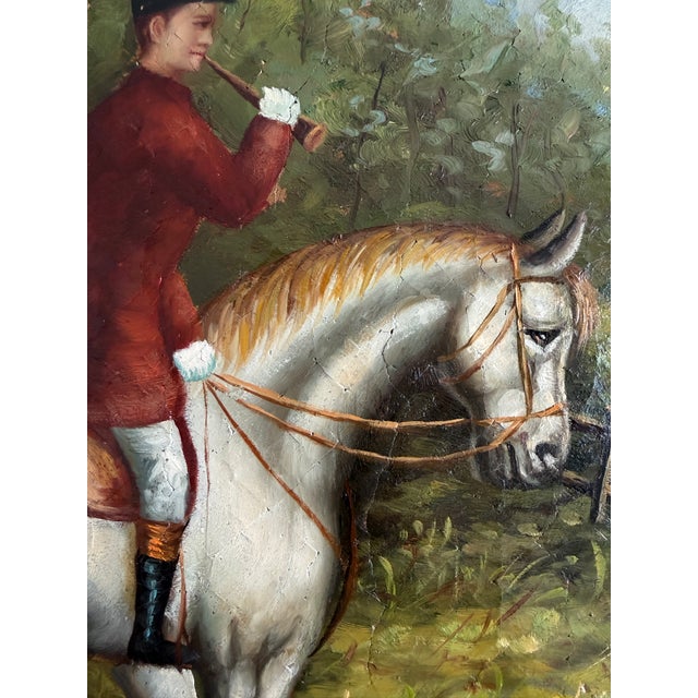 Large Vintage Oil Painting English Fox Hunt Horses Hounds Hunting Scene Art For Sale - Image 12 of 15