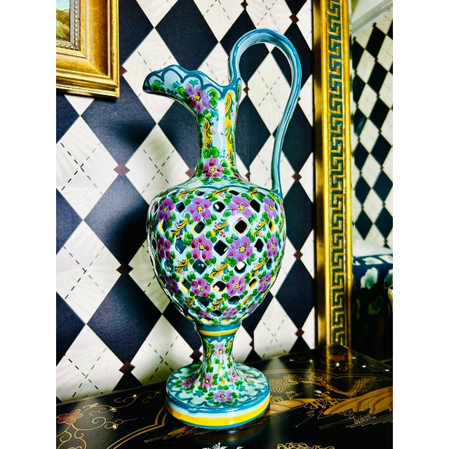 Pair Signed J. Leonardo Portuguese Hand-Painted Reticulated Ceramic Ewers, 15" For Sale - Image 9 of 17