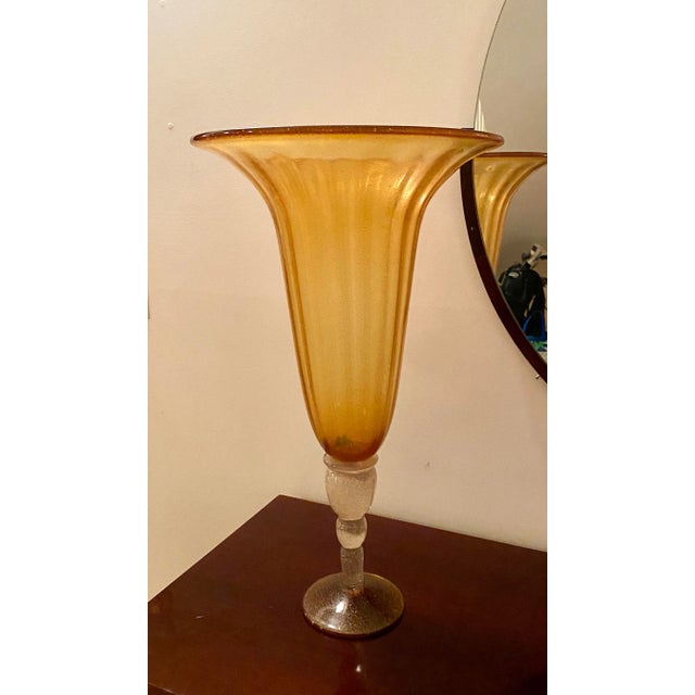 Murano Style Glass Tulip Vase, Gold Fluted Pedestal Sleek Design. Made in Italy.