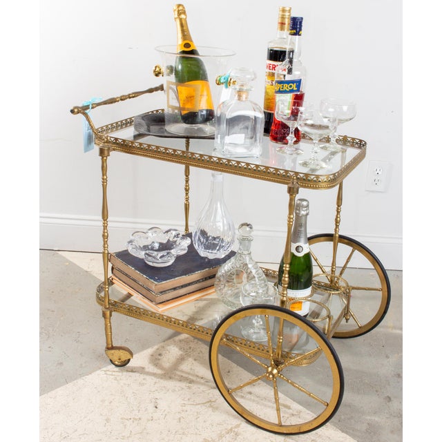 MidCentury French Brass & Glass Trolley Style Bar Cart With Large
