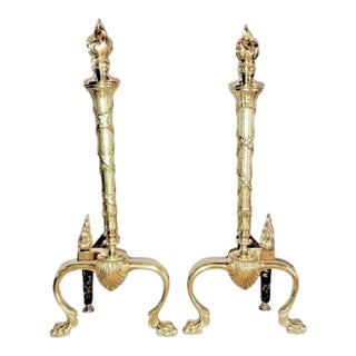 Polished Brass 1920s French Neoclassical Torch Flame Top 21" Fireplace Andirons For Sale