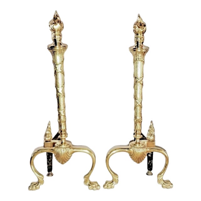 Polished Brass 1920s French Neoclassical Torch Flame Top 21" Fireplace Andirons For Sale