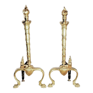 Polished Brass 1920s French Neoclassical Torch Flame Top 21" Fireplace Andirons