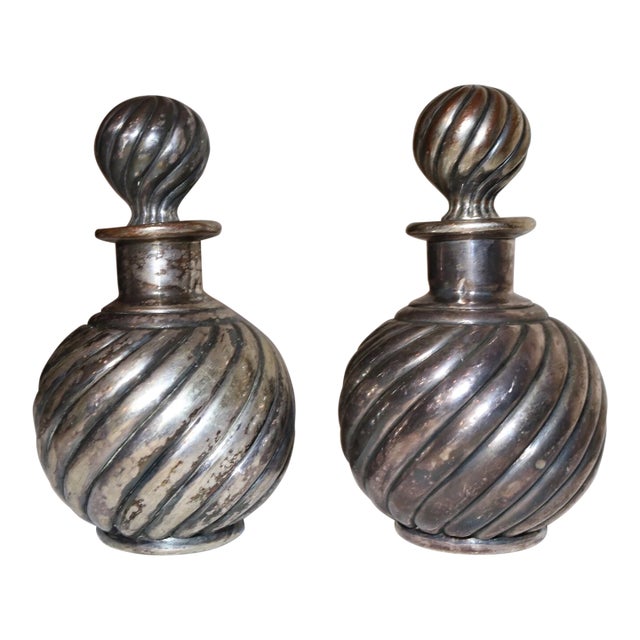 Pair Antique 19th Century Victorian Silver Plate Scent Cologne Perfume Bottles For Sale