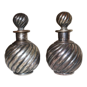 Pair Antique 19th Century Victorian Silver Plate Scent Cologne Perfume Bottles