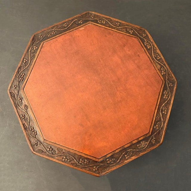1950s Romweber Furniture Co. Octagonal Oak and Leather Coffee Table For Sale In New York - Image 6 of 10