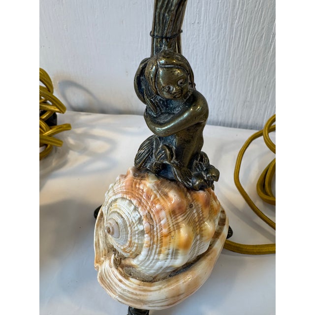 Art Nouveau Vintage Art Nouveau Bronze Figural and Shell Lamps- A Pair For Sale - Image 3 of 9