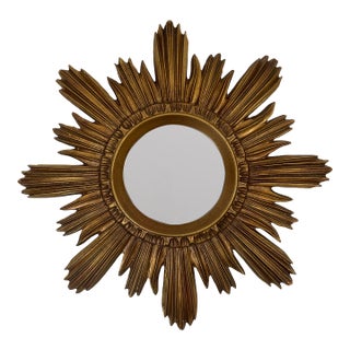Large 18" Vintage 1990s Golden Sunburst Wall Mirror For Sale