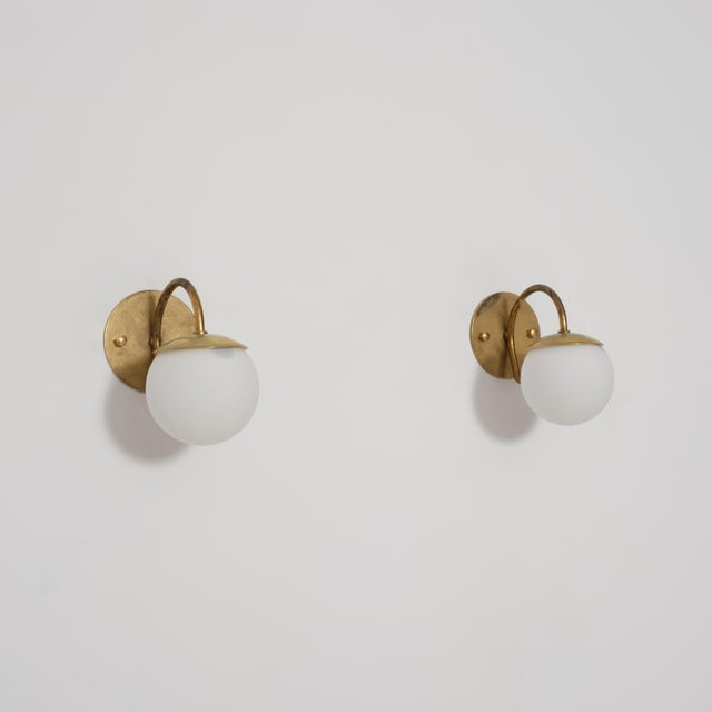 Vintage Italian Brass and Opaline Glass Globe Wall Sconces, 1950s, Set of 2 For Sale - Image 6 of 7