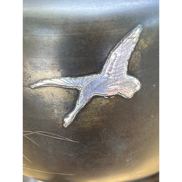 Antique Japanese Bronze Usubata Vase – Meiji Period, Crane and Bamboo Inlay. For Sale - Image 9 of 9