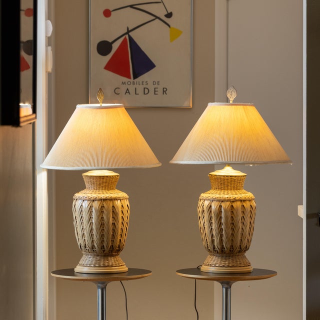 Modern Large 1970s Bohemian Modern Woven Wicker Urn Lamps - A Pair For Sale - Image 3 of 11