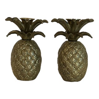 Vintage Boho Chic Brass Pineapple Candlestick Holders - A Pair For Sale