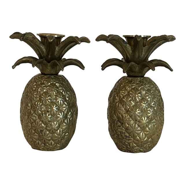 Vintage Boho Chic Brass Pineapple Candlestick Holders - A Pair For Sale