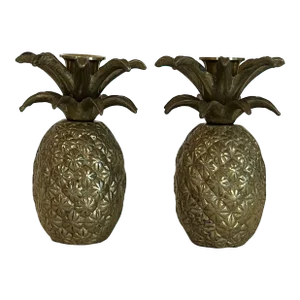Vintage Pair Hollywood Regency Brass Pineapple Candlestick Holders With Floral Etching
