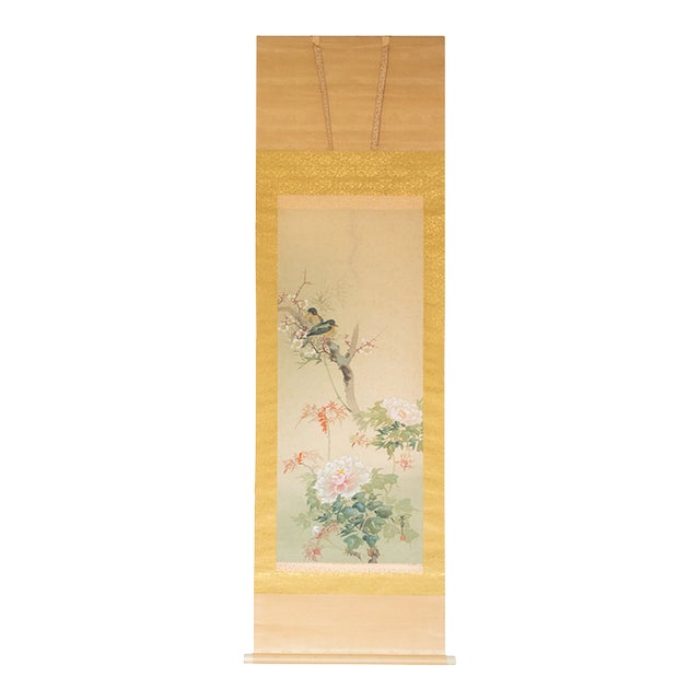 Showa Era Oda Hideaki, "Peonies and Blue Birds" Japanese Silk Scroll Painting For Sale
