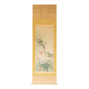 Showa Era Oda Hideaki, "Peonies and Blue Birds" Japanese Silk Scroll Painting