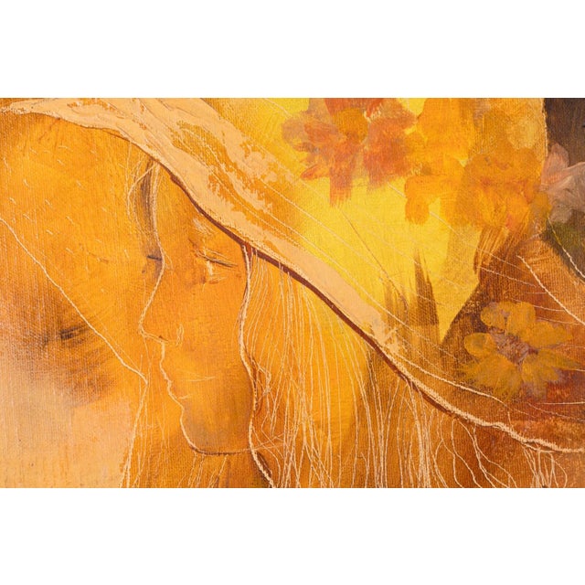 Yellow William Benecke Girl Signed Oil Painting on Canvas Art Nouveau Inspired Portrait For Sale - Image 8 of 9