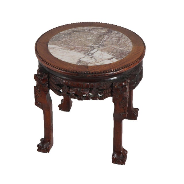 Chinese Early 20th Century Chinese Deeply Carved Hardwood & Inset Marble Round Plant Stand For Sale - Image 3 of 8