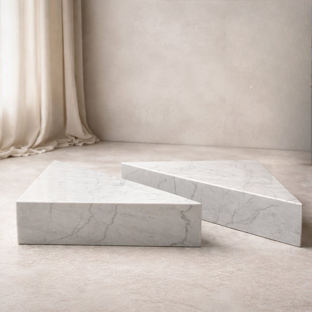 Contemporary Triangular Tables in Carrara White by Andrea Grasso, Set of 2 For Sale - Image 3 of 8