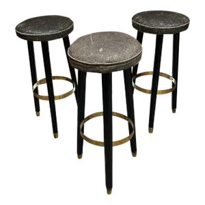 1950s Sensational Bar Stool Set (3) Gray Naugahyde Brass & Black Mexico