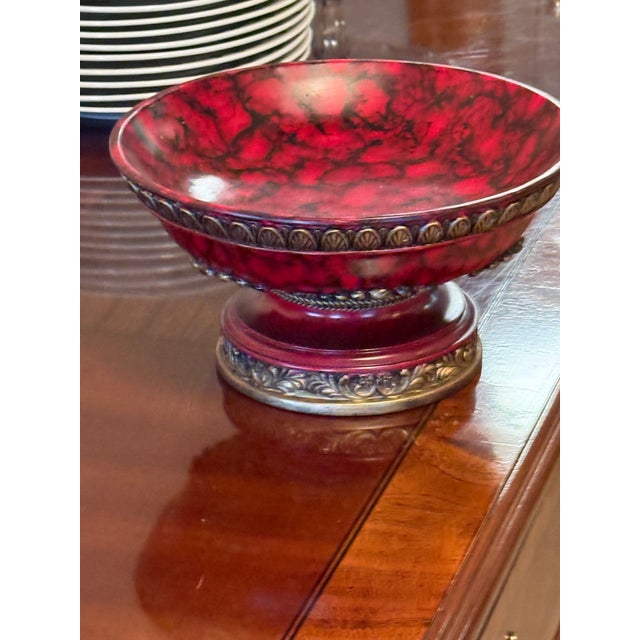 Vintage Red Marble-Style Pedestal Elegant Compote Bowl With Ornate Brass Finish For Sale - Image 6 of 7