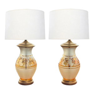 Pair Bohemian Frosted Flash Glass Overlay Lamps With Classical Figures