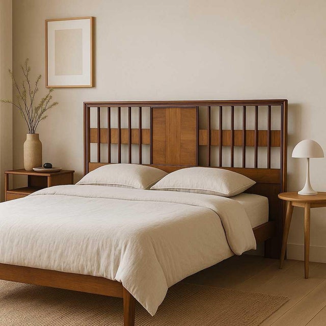 Bring timeless design into your home with this Mid-Century Modern king-size headboard in walnut veneer with chrome trim....