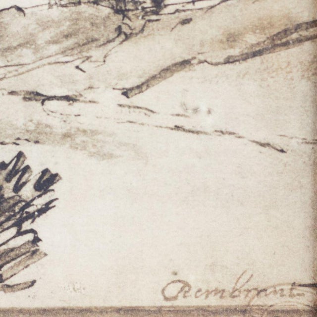 A graphic sheet depicting a rural landscape, executed in pen and ink. The composition unfolds along a winding canal...