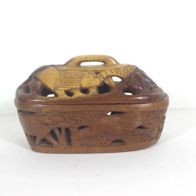 Vintage Carved Wood Box With Lid Hand Carved African Safari Animals For Sale - Image 4 of 9