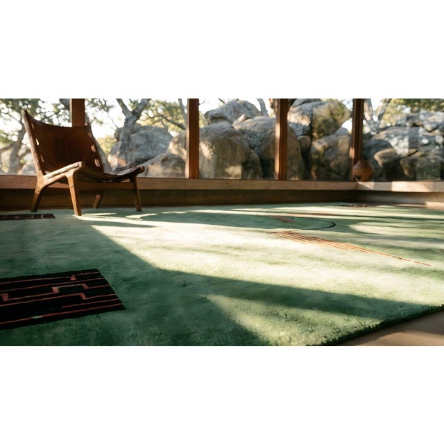 1920s Green Abstract Minimalist Antique Chinese Art Deco Rug 8'10'' X 11'7' Handknotted Wool Carpet For Sale - Image 9 of 10