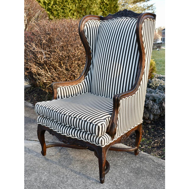 Vintage Carved Oak Country French High Back Wing Chair For Sale - Image 9 of 13