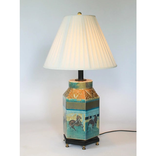 Late 20th century reverse painted hexagonal tang horse table lamp. Wired and in working condition. Uses standard 60 watt...