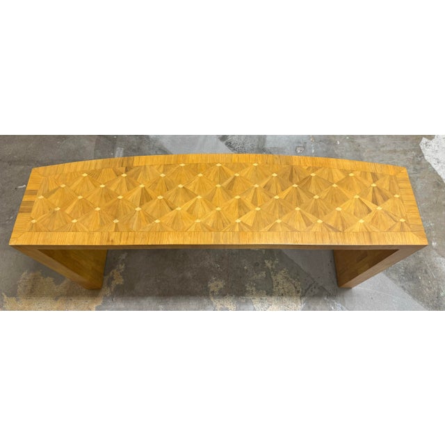 One-of-a-Kind Ron Seff Raffia Marquetry Bow-Front Console An exceptional, one-of-a-kind bow-front console designed by...