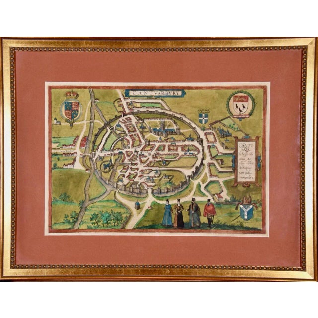 Traditional Canterbury; A 16th Century Framed Hand-Colored Map by Braun & Hogenberg, 1588 For Sale - Image 3 of 10