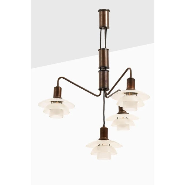 Metal Ceiling Lamp with Brown Brass Frame and Glass Shades attributed to Poul Henningsen, 1930s For Sale - Image 7 of 8