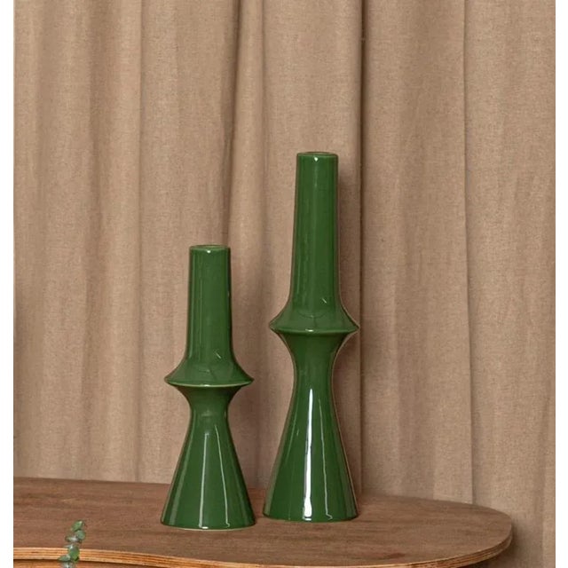 Set of 2 lanco green ceramic candleholders by simone & marcel dimensions: short: ø 11 x h 31 cm. Tall: ø 11 x h 41 cm....