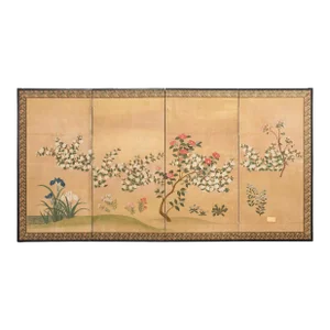 Japanese Showa Four Panel Screen Spring Flowers on Gilt