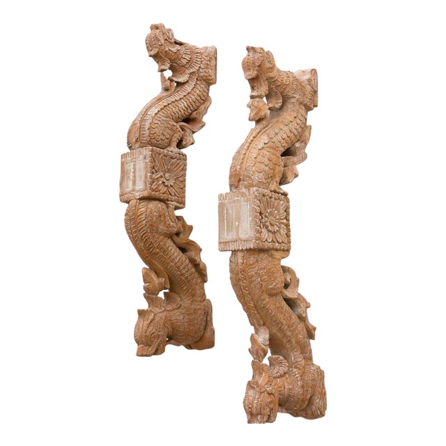 Naga Guardians Pair of Finely Carved Dragon Brackets For Sale