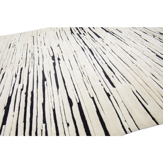 Modern Moroccan Style Ivory & Black Handmade Oversize Wool Rug by Apadana For Sale - Image 4 of 8