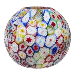 Fratelli Toso Murano Vintage Millefiori Mosaic Italian Art Glass Ball Shaped Flower Bud Vase For Sale