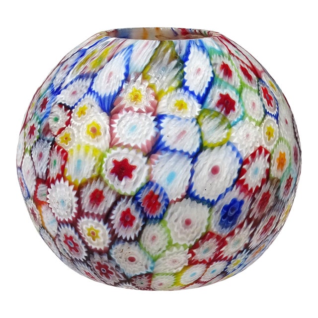 Fratelli Toso Murano Vintage Millefiori Mosaic Italian Art Glass Ball Shaped Flower Bud Vase For Sale