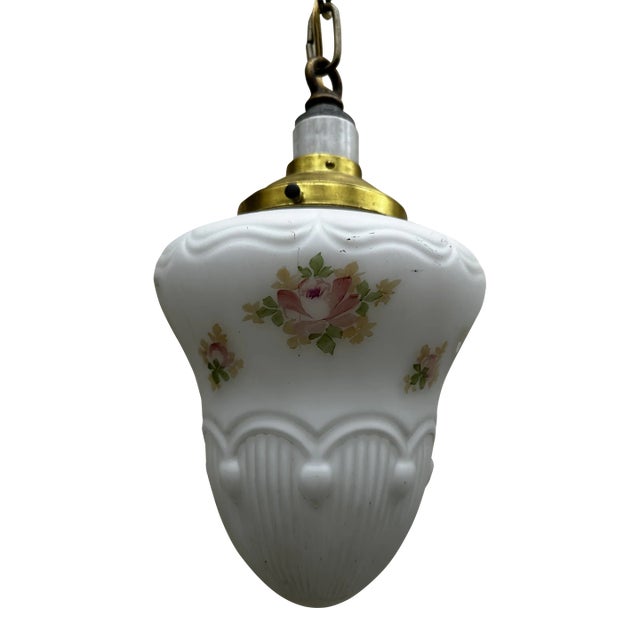 Vintage Brass Hanging Fixture With Vintage Shade For Sale