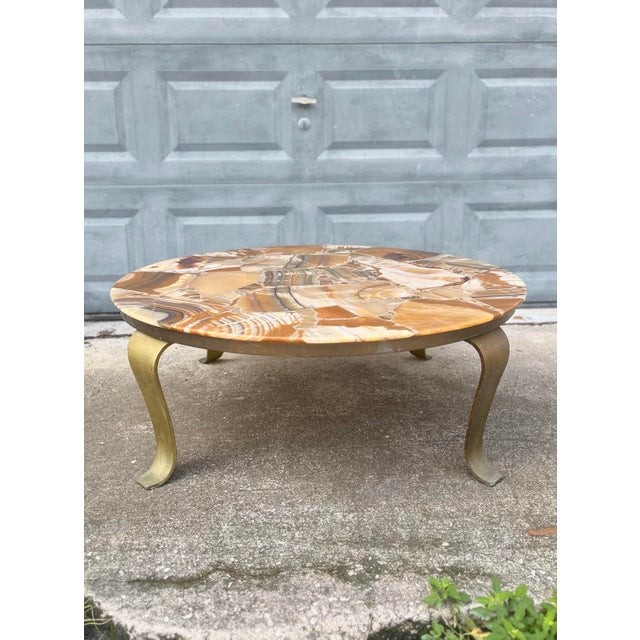 Metal Vintage Onyx Coffee Table With Brass Base | Style of Arturo Pani for Muller of Mexico For Sale - Image 7 of 12