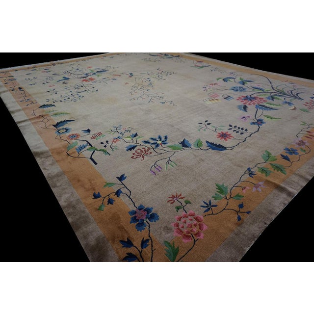 Beige Floral Antique Chinese Art Deco Rectangle Large 1920s Hand Knotted Rug For Sale In New York - Image 6 of 12