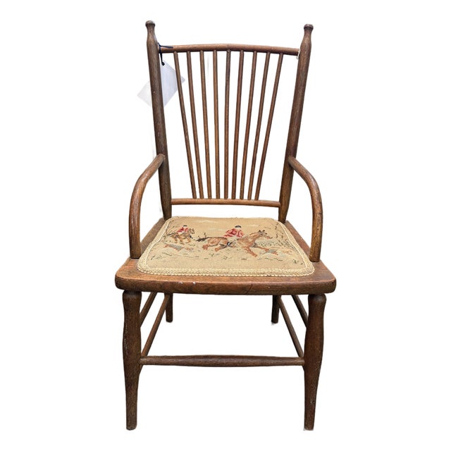 Antique English Childs Windsor Armchair With Needlepoint Hunting Seat For Sale