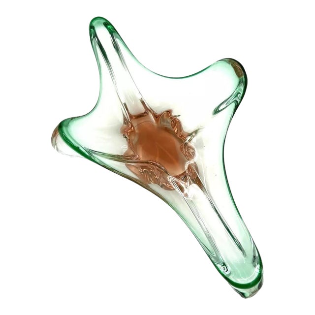 Vintage Chribiska Glassworks Pink & Green Sommerso Glass Bowl Josef Hospodka 15" For Sale