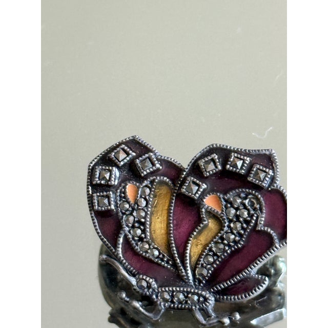 Mid Century Sterling Silver JMS Enamel and Marcasite Butterfly Brooch For Sale In New York - Image 6 of 13