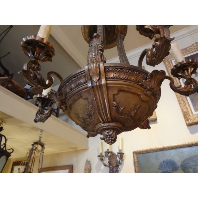 French Iron and Carved Wood Chandelier For Sale - Image 10 of 11