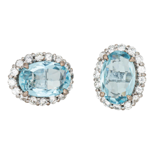1990s Aquamarine Diamond Earrings Vintage 14k Gold Oval Studs Estate Fine Jewelry, A Pair