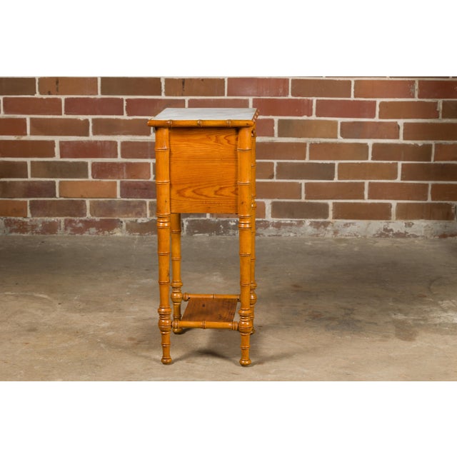 Brown French 19th Century Pine Faux Bamboo Side Table with Marble Top, Door and Drawer For Sale - Image 8 of 12